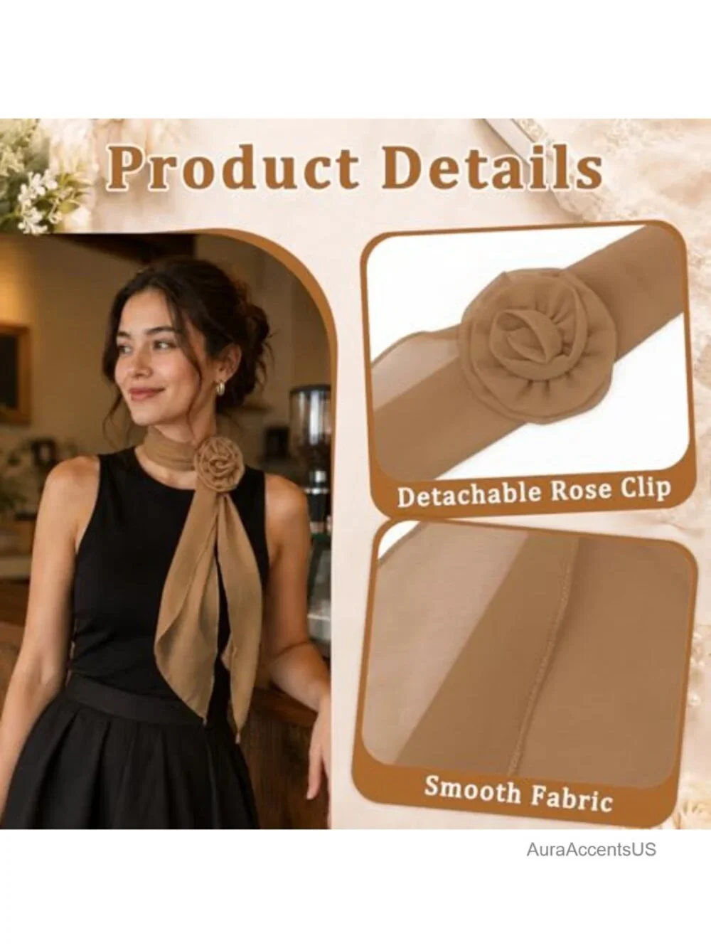 Detachable Rose Flower Scarf Lightweight Fashion Neck Scarf for Women Polyester